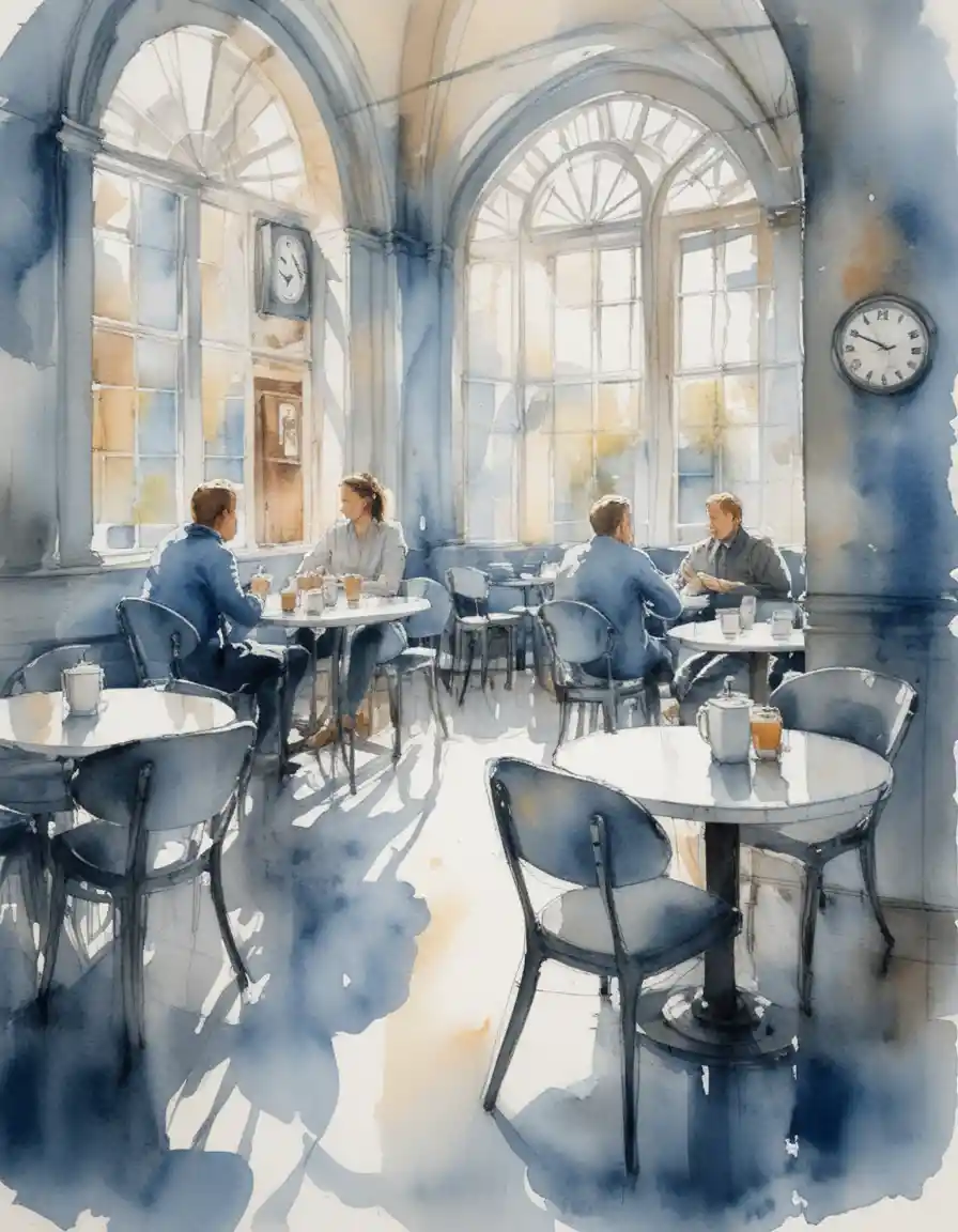 Watercolor cafe interior with people at round tables