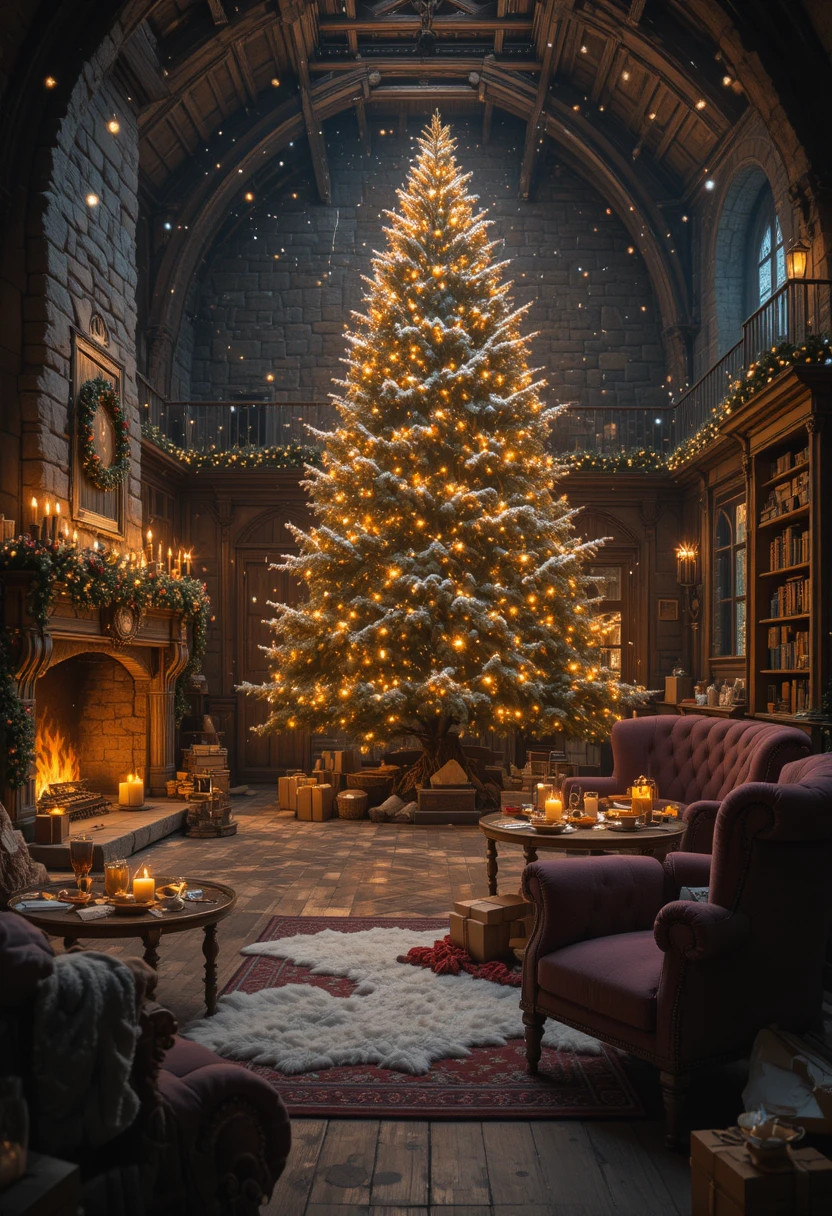 Cozy Christmas castle interior with glowing tree and fireplace