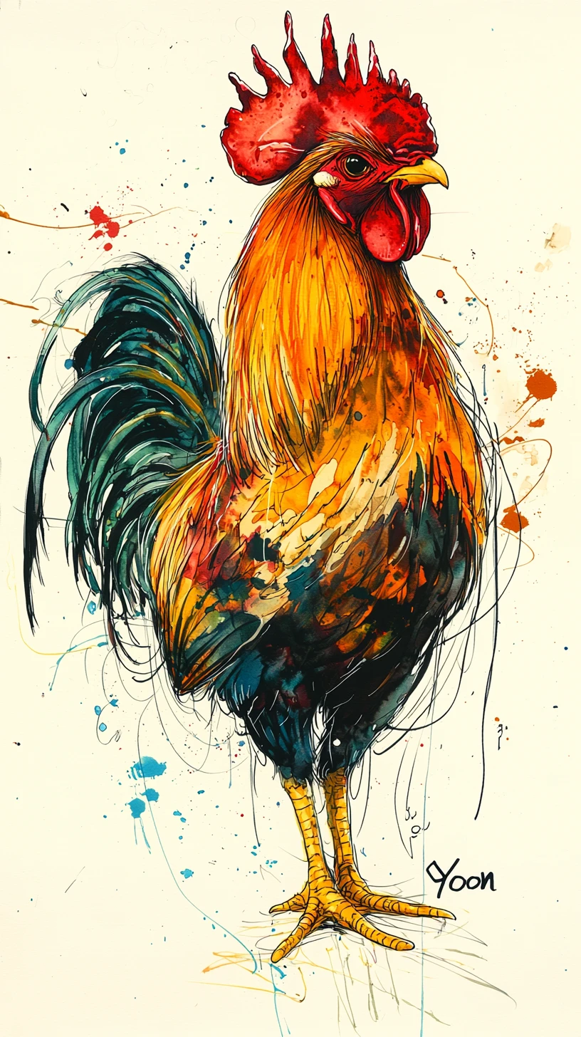 Gallo malinconico che cammina con fierezza in illustrazione a inchiostro