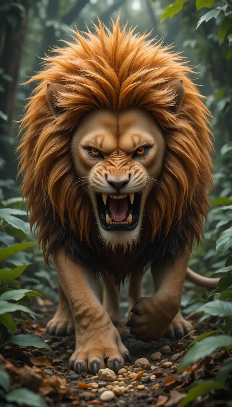 Angry lion with fiery mane prowling through dense jungle