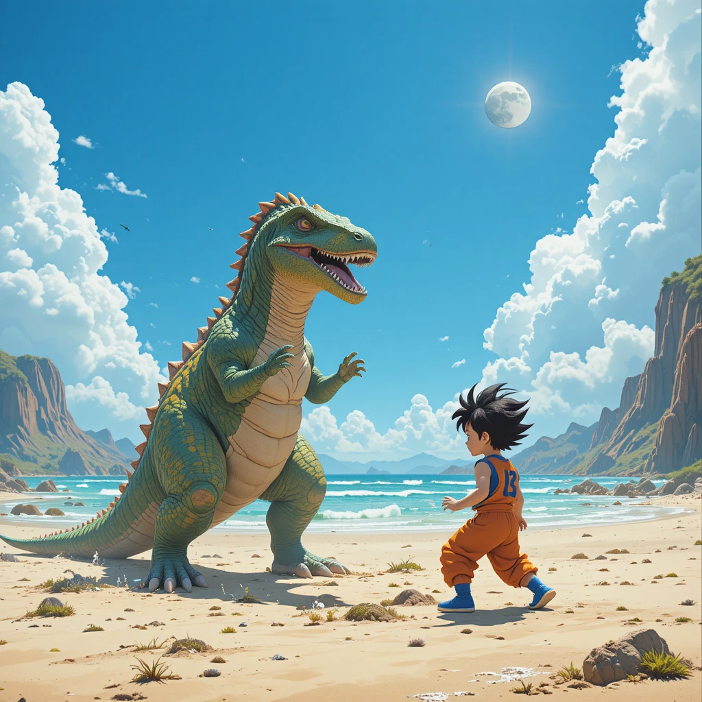 Ragazzo che combatte contro un dinosauro su una spiaggia soleggiata