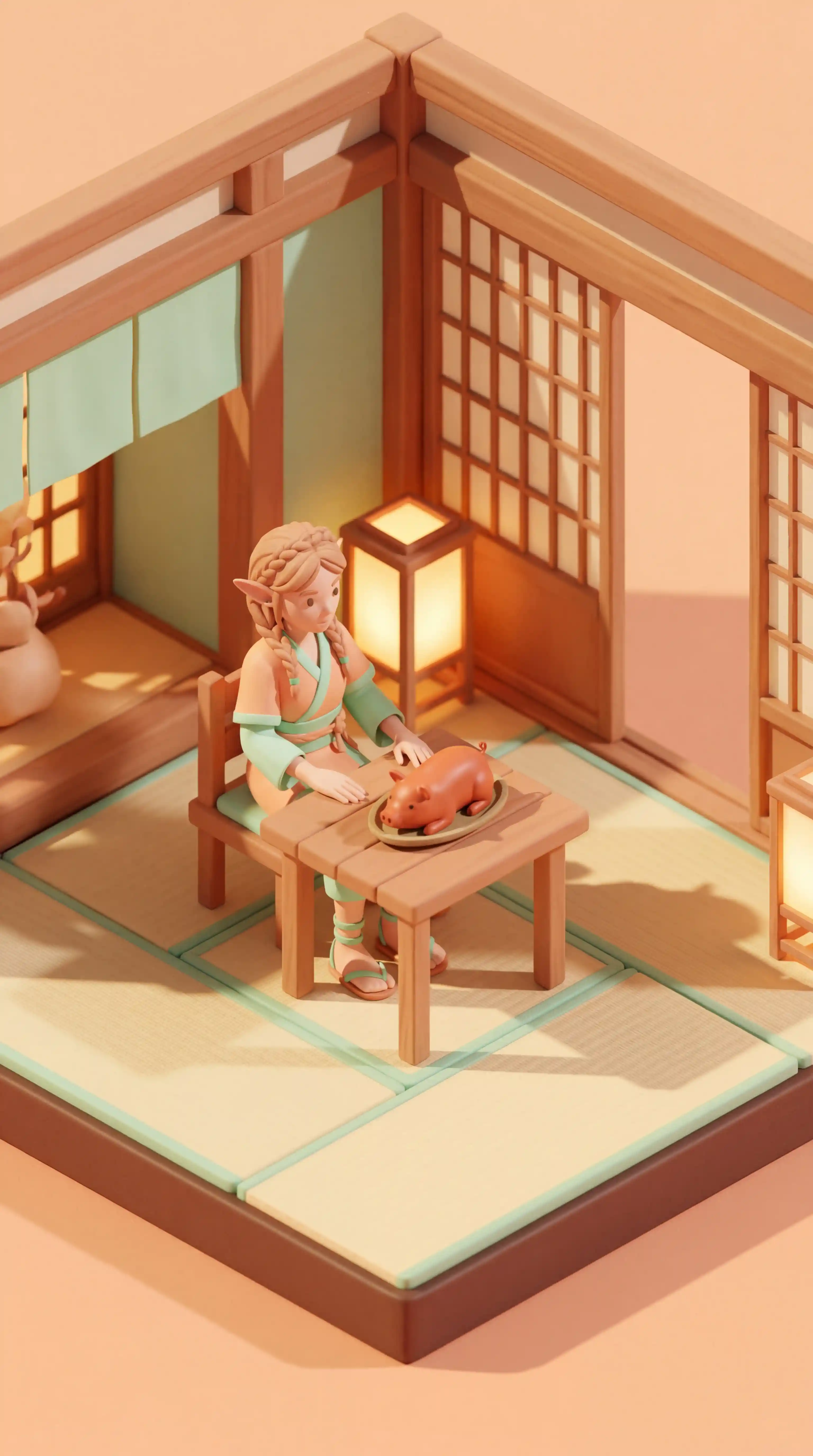 Fantasy elf maiden miniature in a Japanese tavern diorama