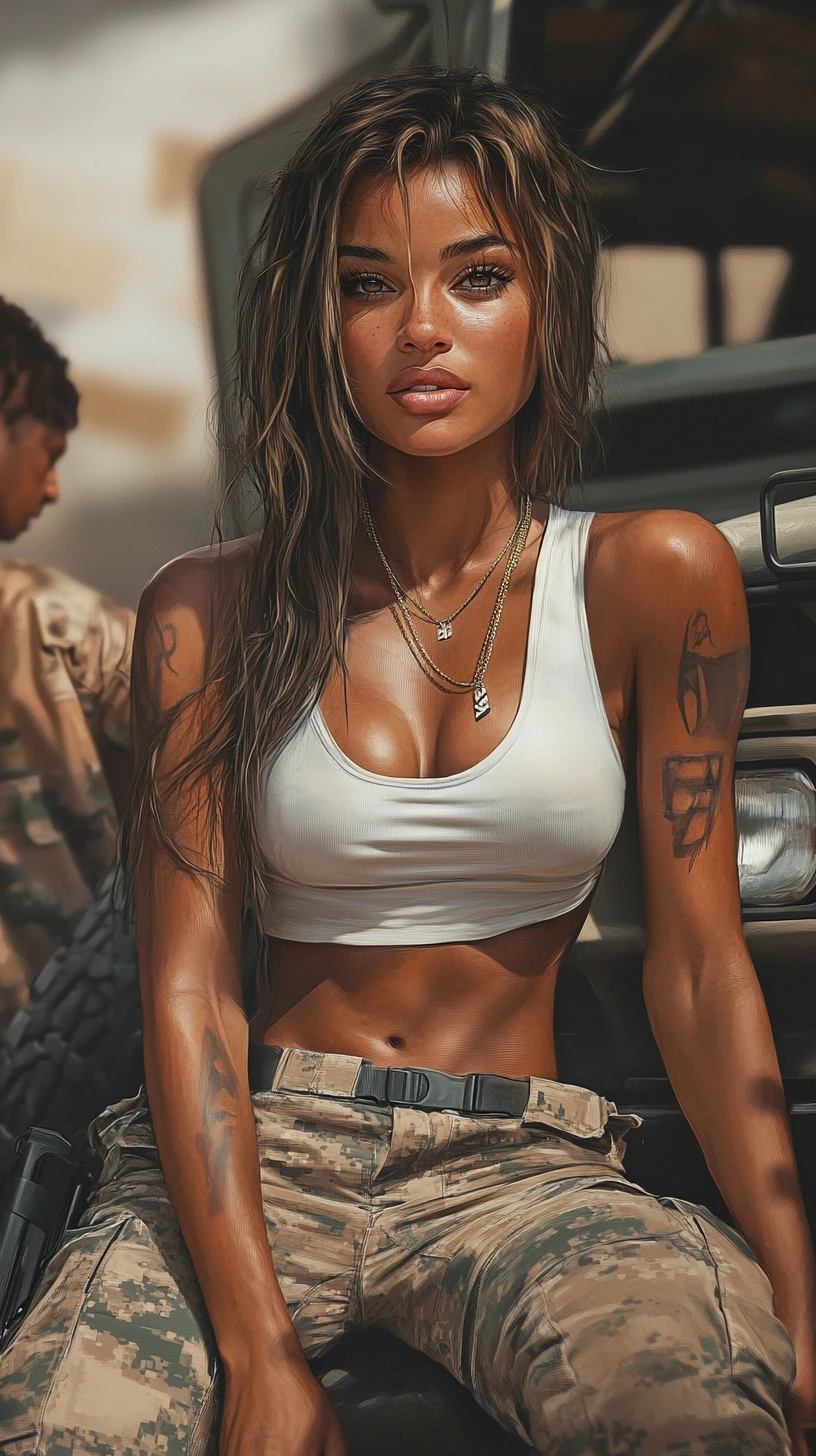 Off duty female soldier smiling beside a military vehicle