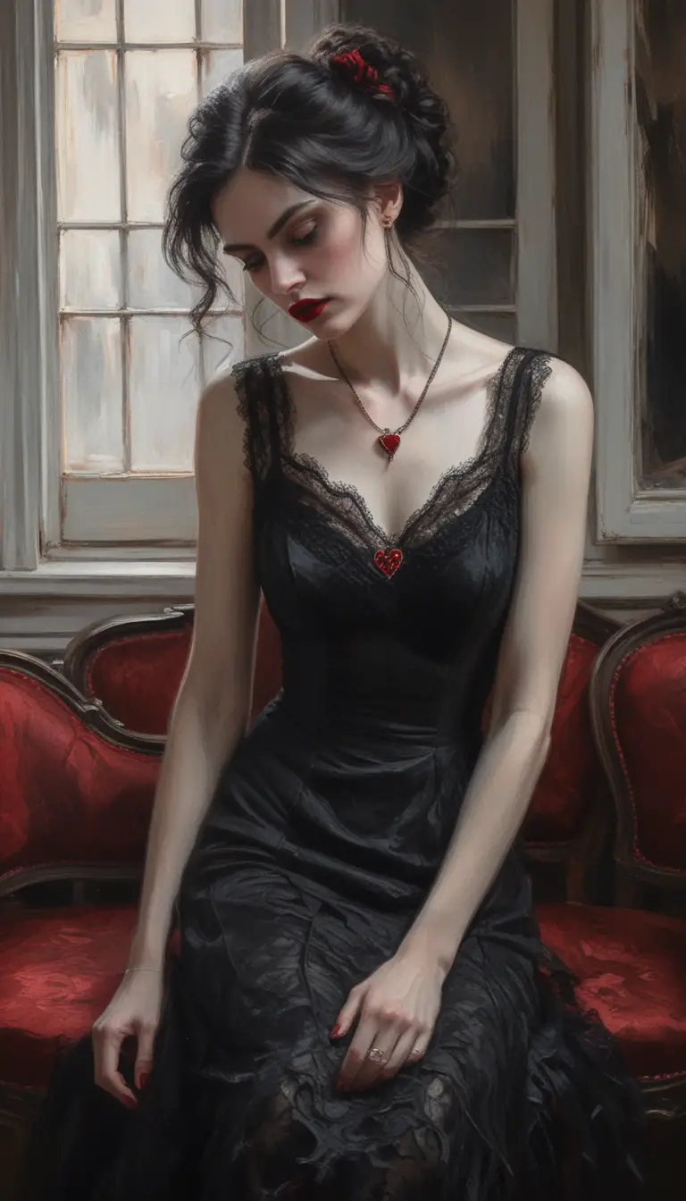Melancholic woman in black lace dress in vintage boudoir