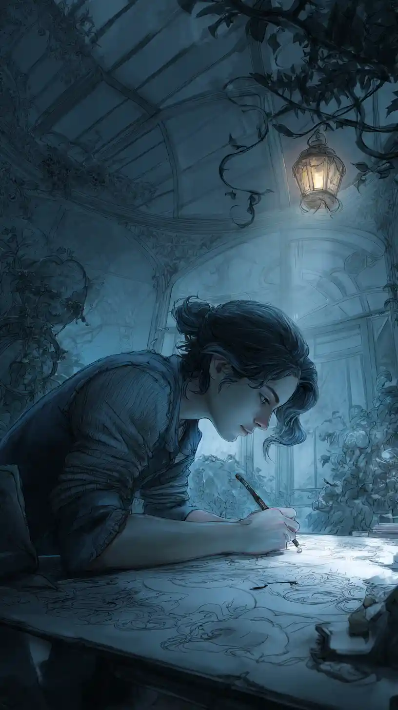 Focused woman sketching at a drafting table in moonlit conservatory