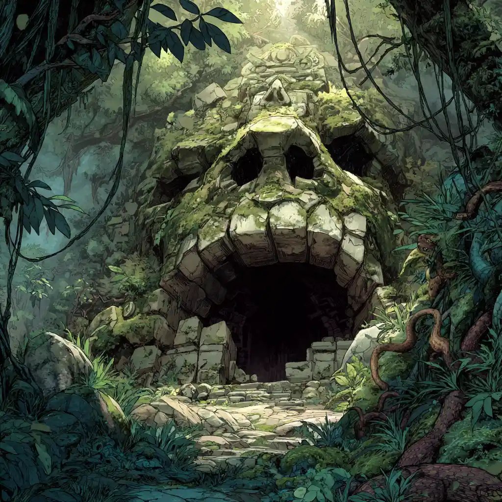 Ominous Jungle Cave Entrance Guarded By Coiling Snakes