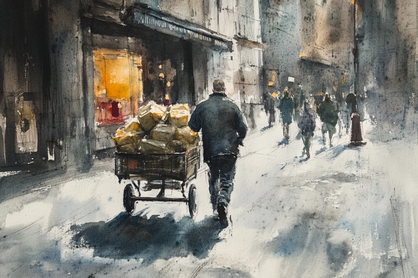 Trabalhador de rua empurrando um carrinho pesado na chuva em aquarela