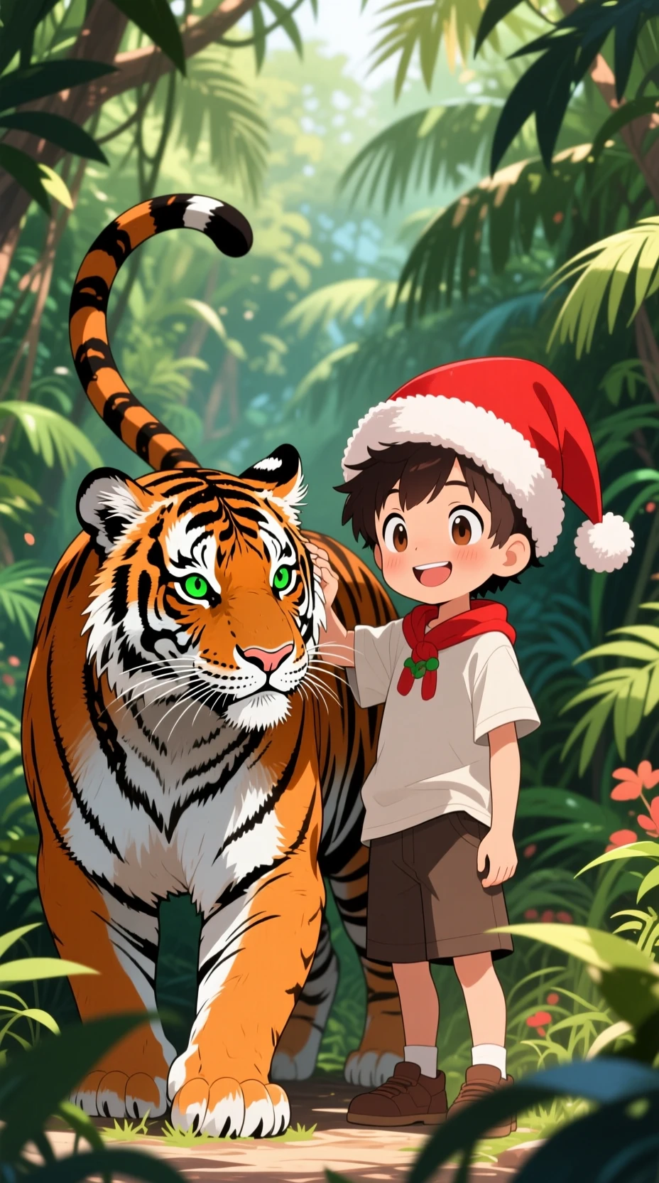 Ragazzo anime con tigre compagna in una giungla rigogliosa