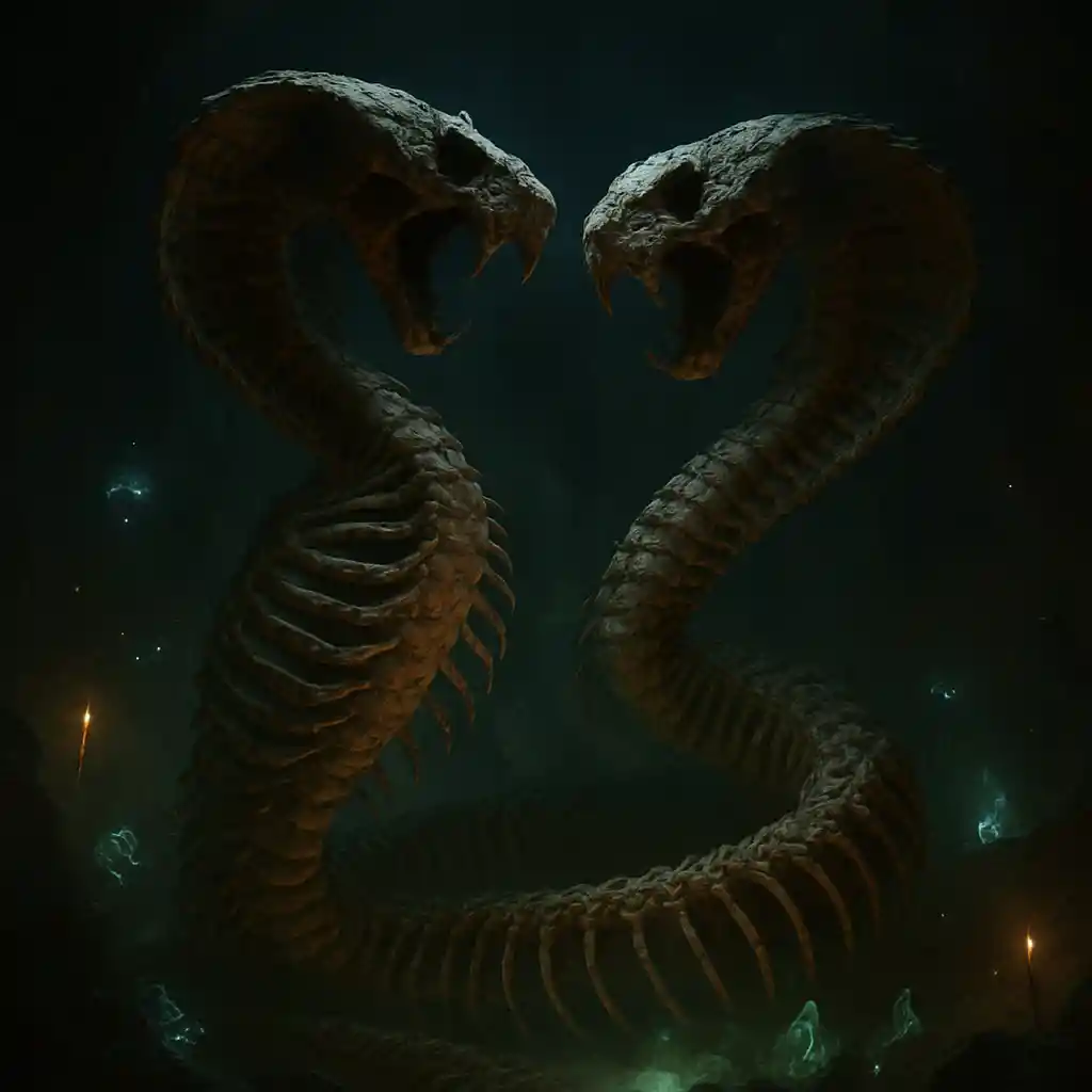 Ancient cobra skeletons entwined in a glowing cavern