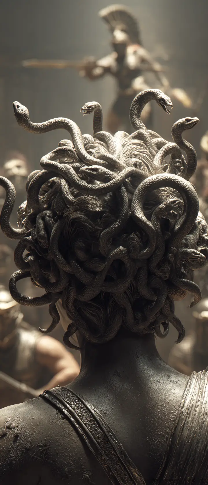 Medusa close up with writhing snakes and frozen warrior