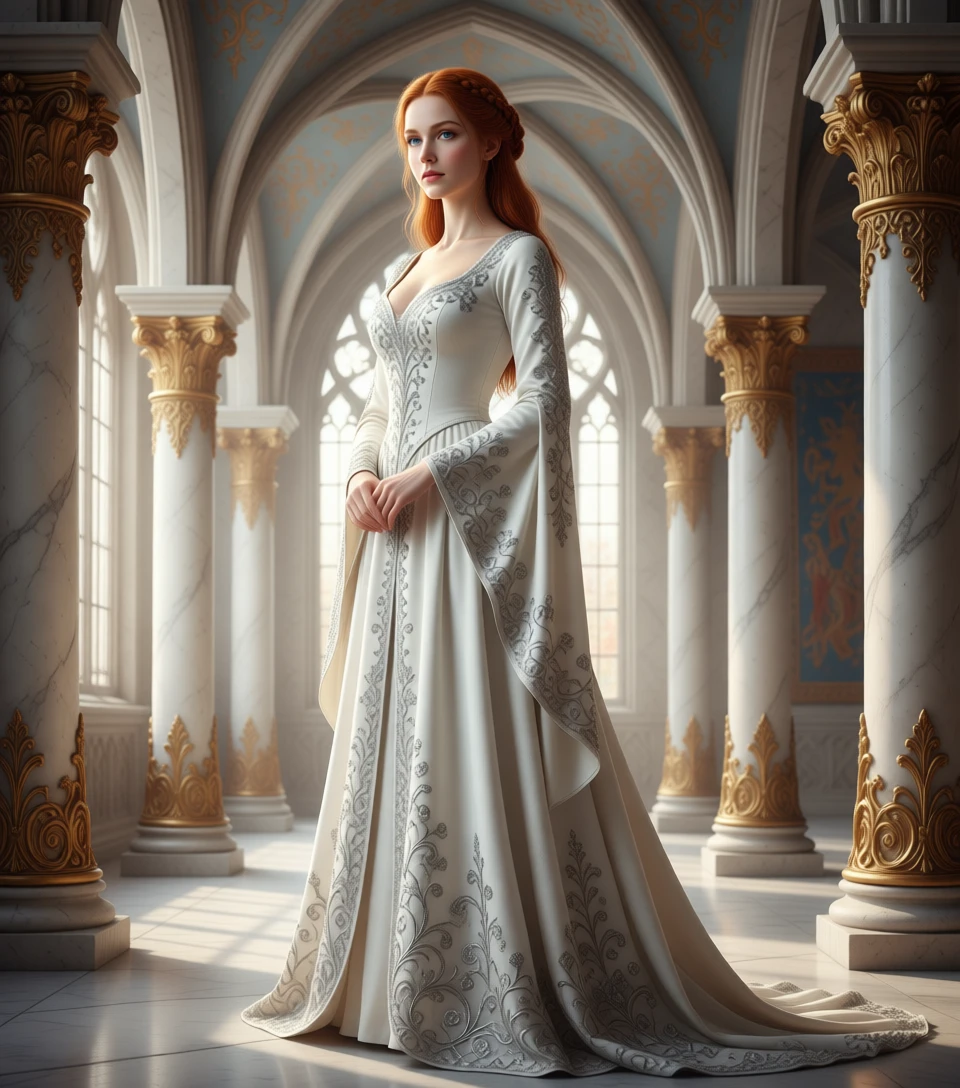Portrait d’une élégante dame médiévale en robe de velours blanche