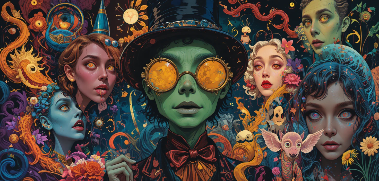 Criaturas fantásticas retrô e divertidas em paisagem gráfica colorida