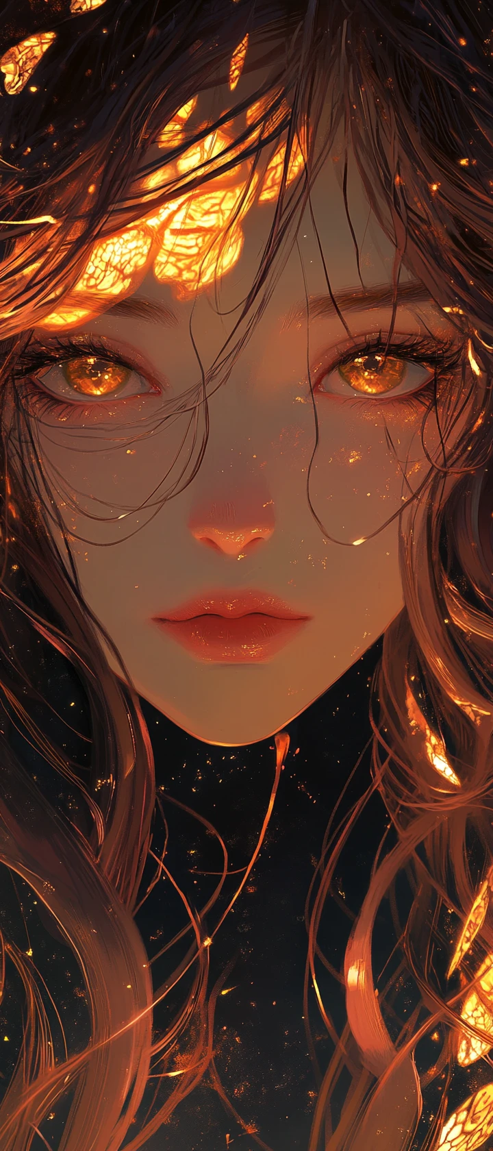 Mulher de anime com olhos dourados em retrato decorativo art nouveau