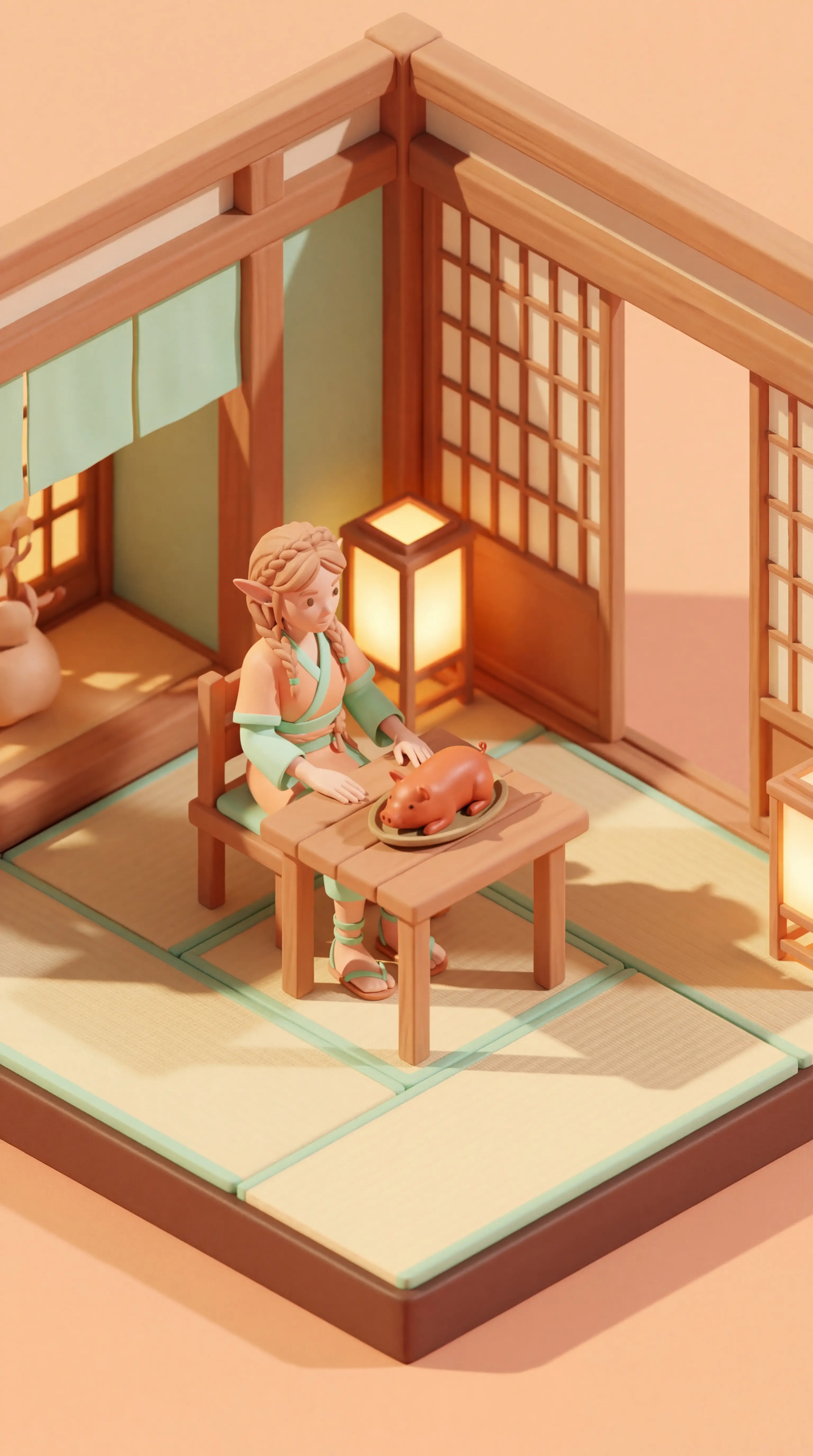 Fantasy elf maiden miniature in a Japanese tavern diorama