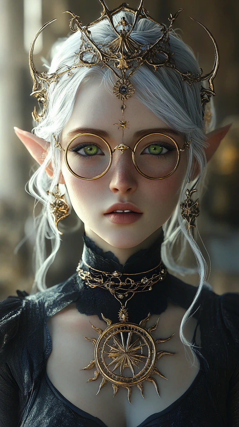 Dark elf woman with golden jewelry and celestial headdress