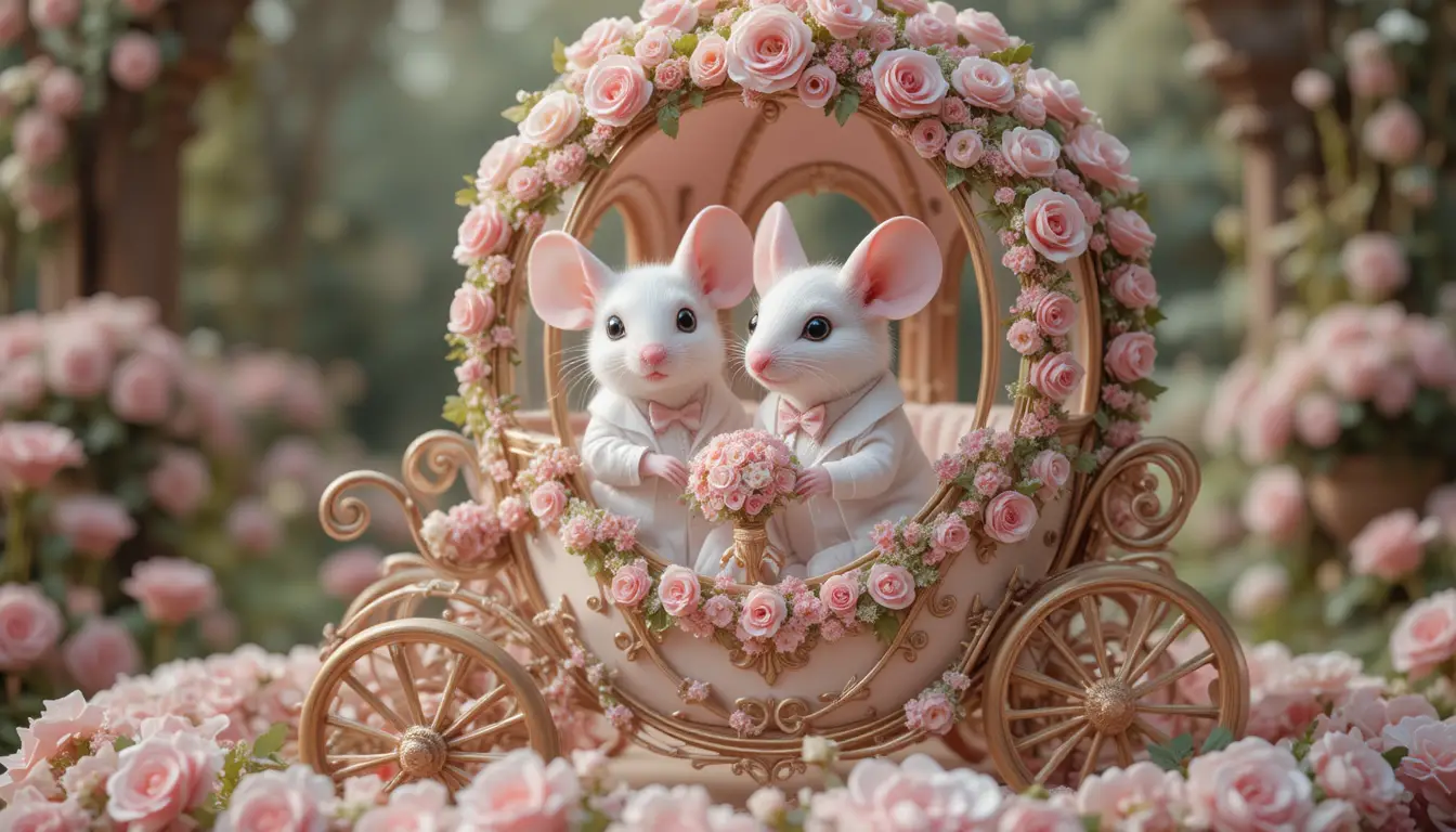 White mice bride and groom riding a floral wedding carriage