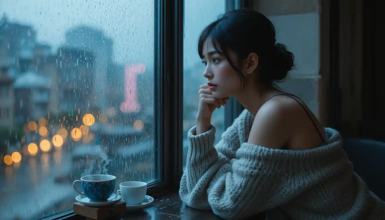 Woman resting her chin by a rainy city window