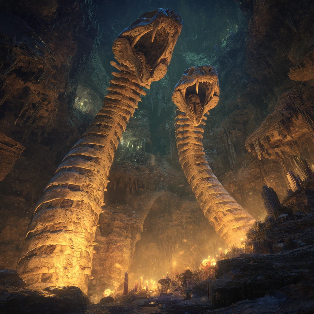 Colossal cobra skeletons coil together in a vast cavern