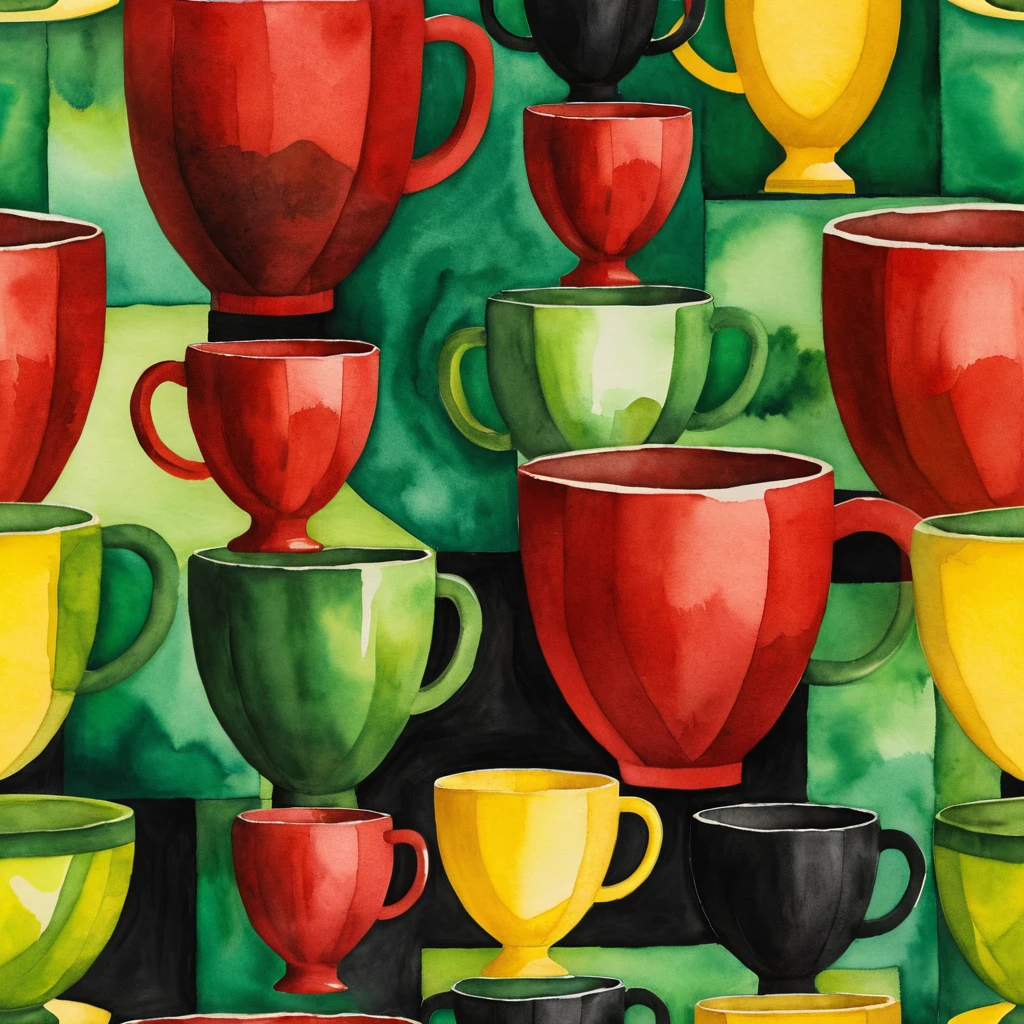 Cubist unity cup with bold red black green and yellow colors