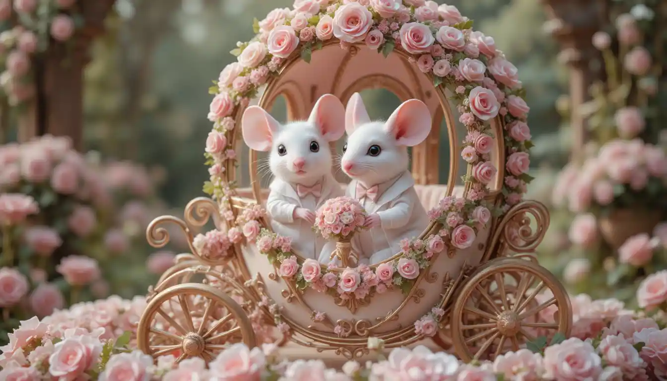 Souris blanches mariés dans une calèche de mariage florale