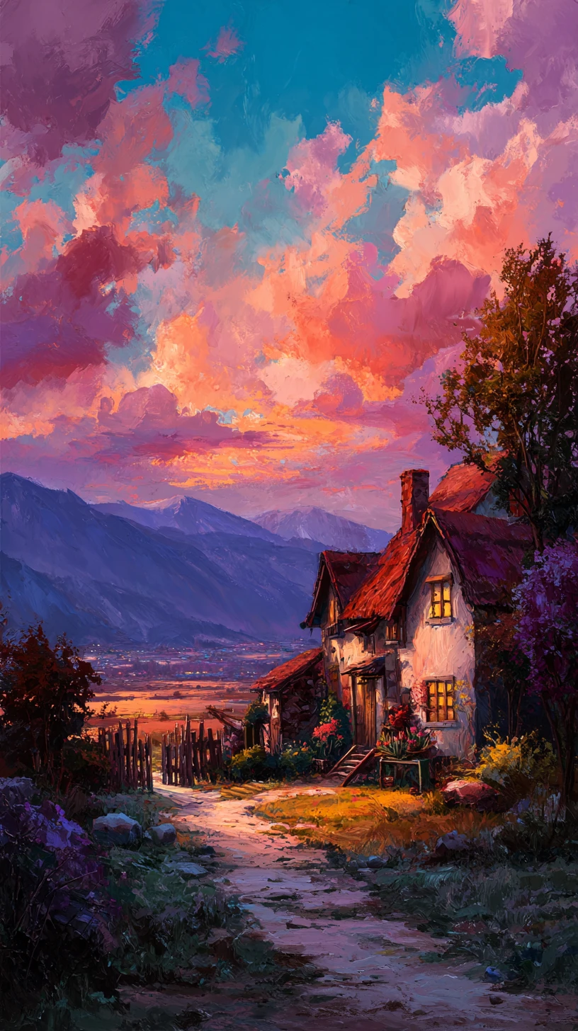 Cottage de campagne enchanté au coucher du soleil avec montagnes au loin