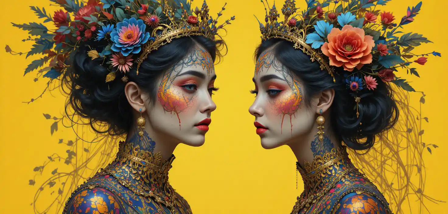 Colorful whimsical woman in a fantastical graphic world