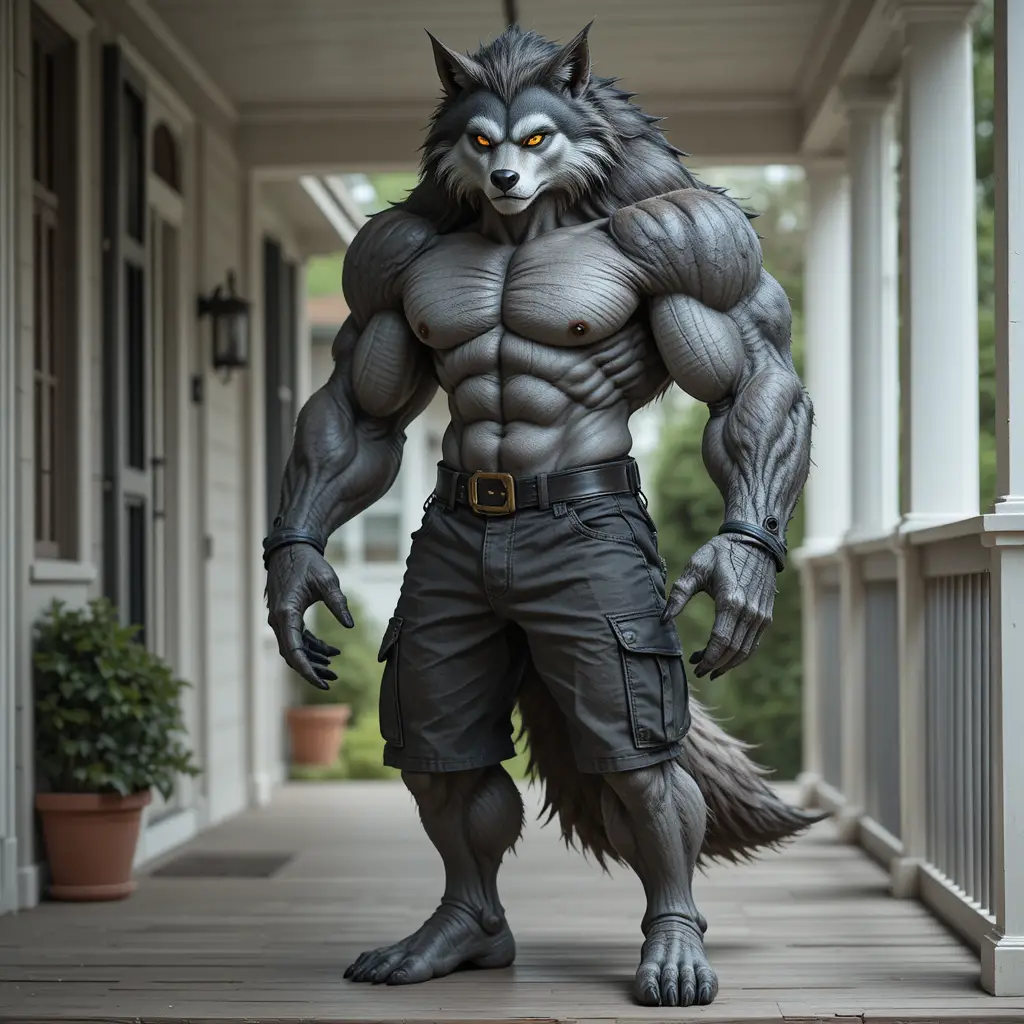 Muscular anthropomorphic wolf standing calmly on a house porch