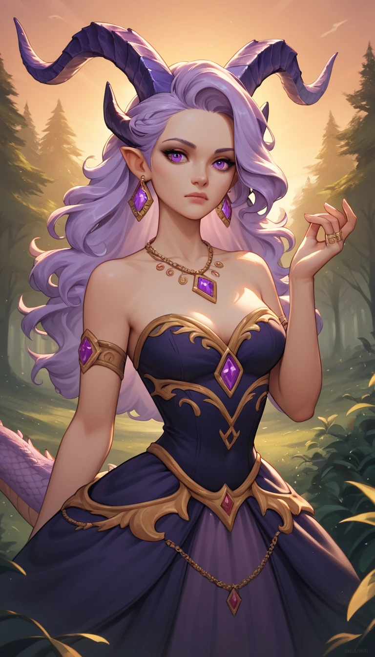 Seductive horned girl reaching out in a sunset forest