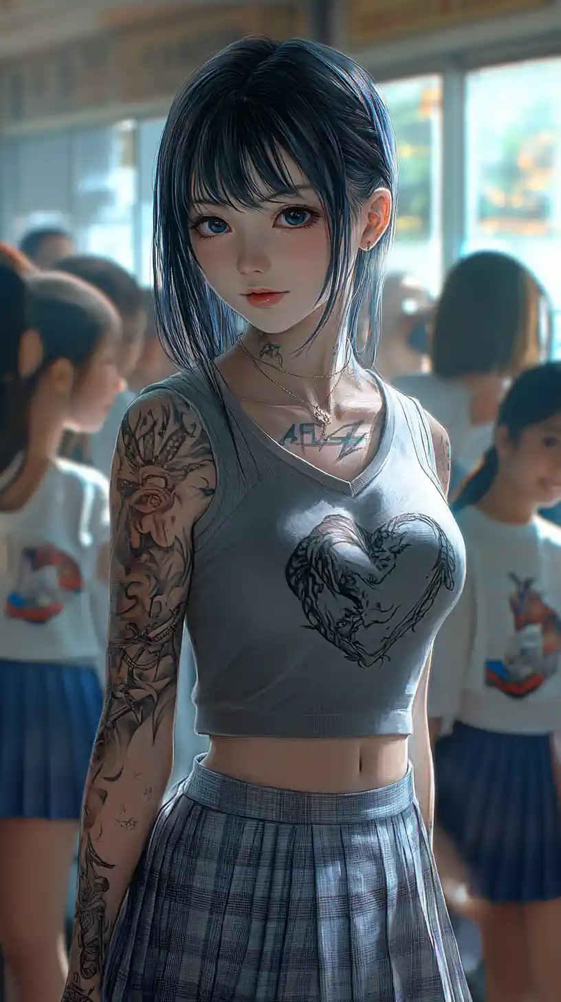 タトゥーのあるアニメ風女子高生があたたかい教室でほほえむ