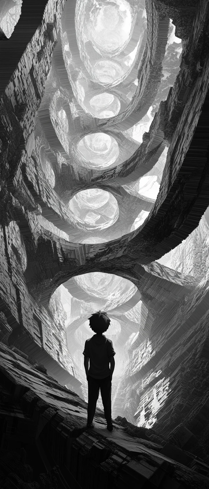 Ragazza anime in un corridoio architettonico impossibile ispirato a Escher