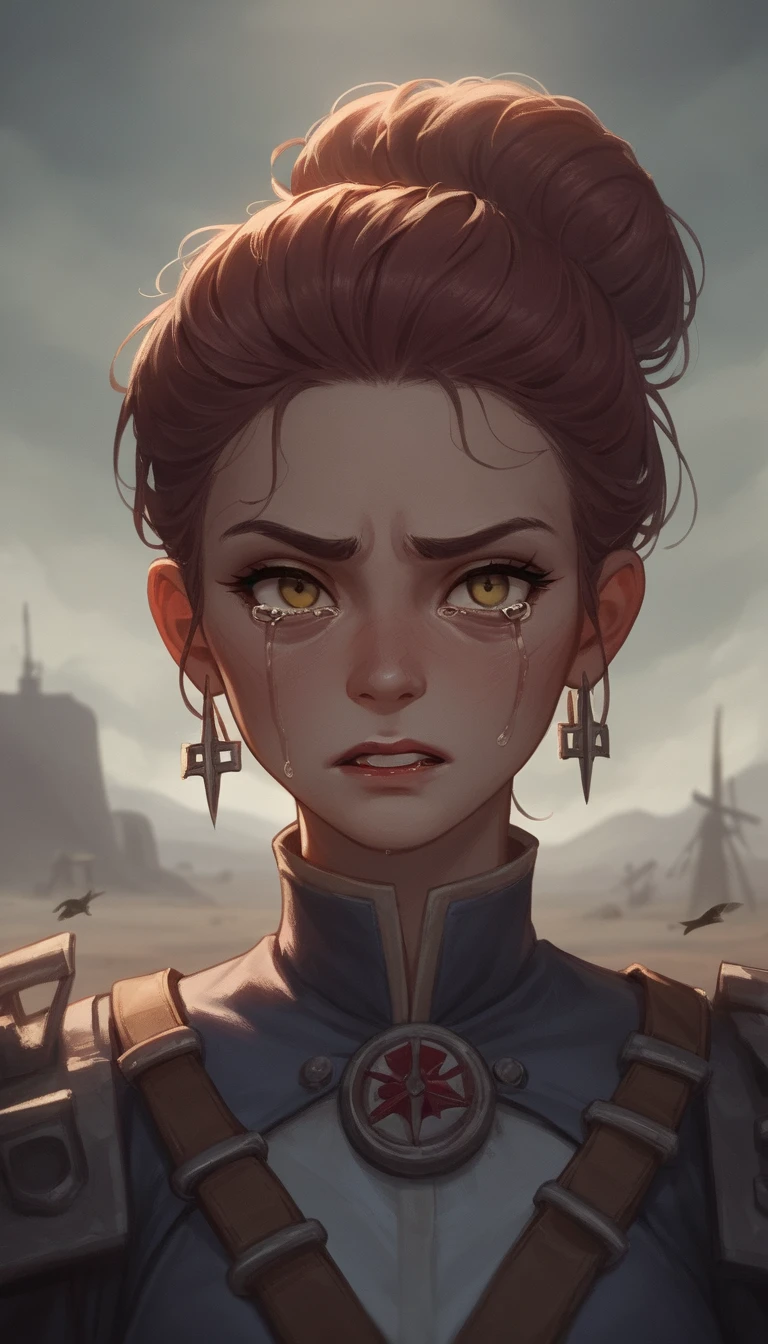 Crying anime girl in a barren sunset wasteland
