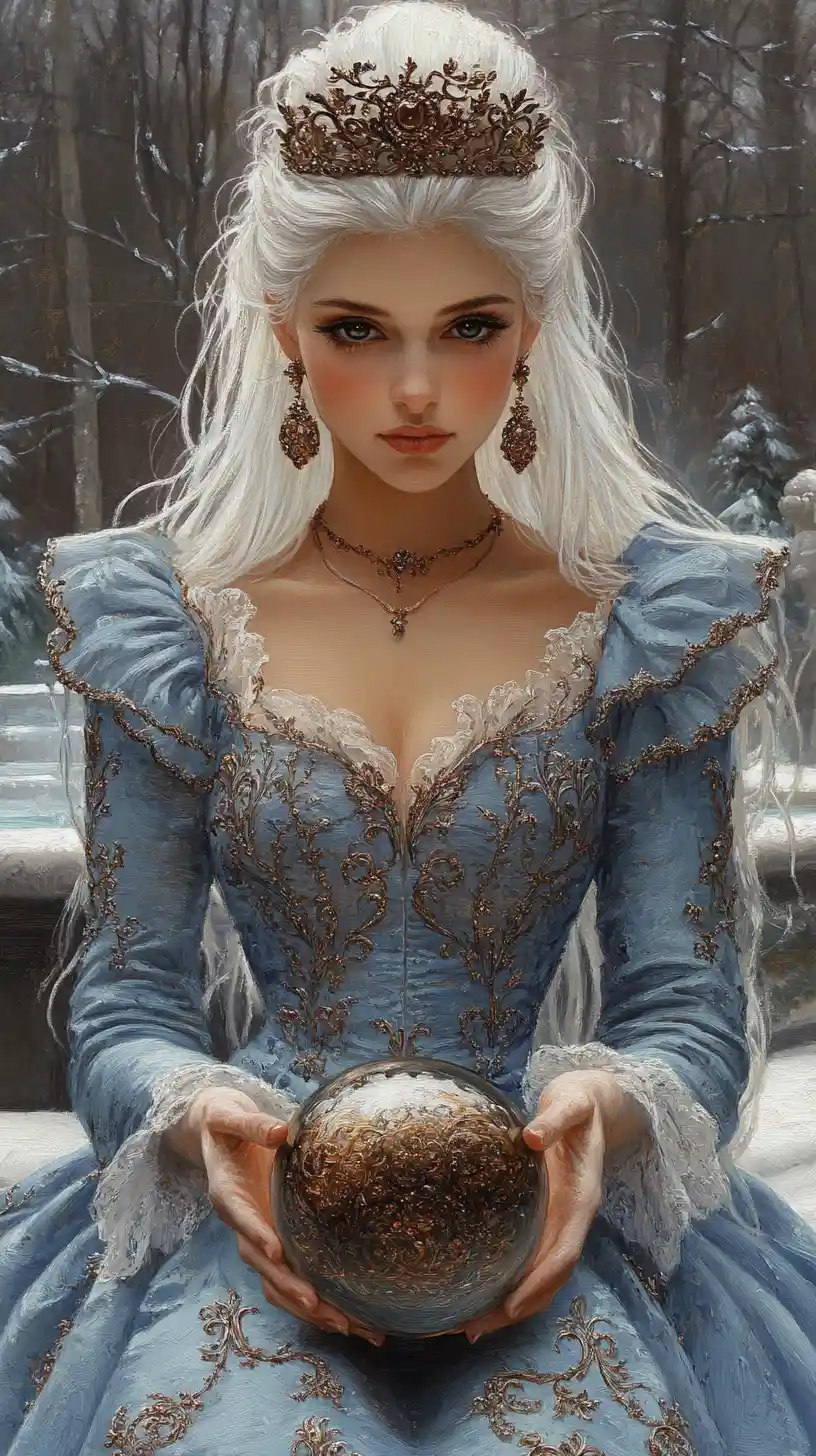 Regal woman in blue rococo dress holding glowing sphere