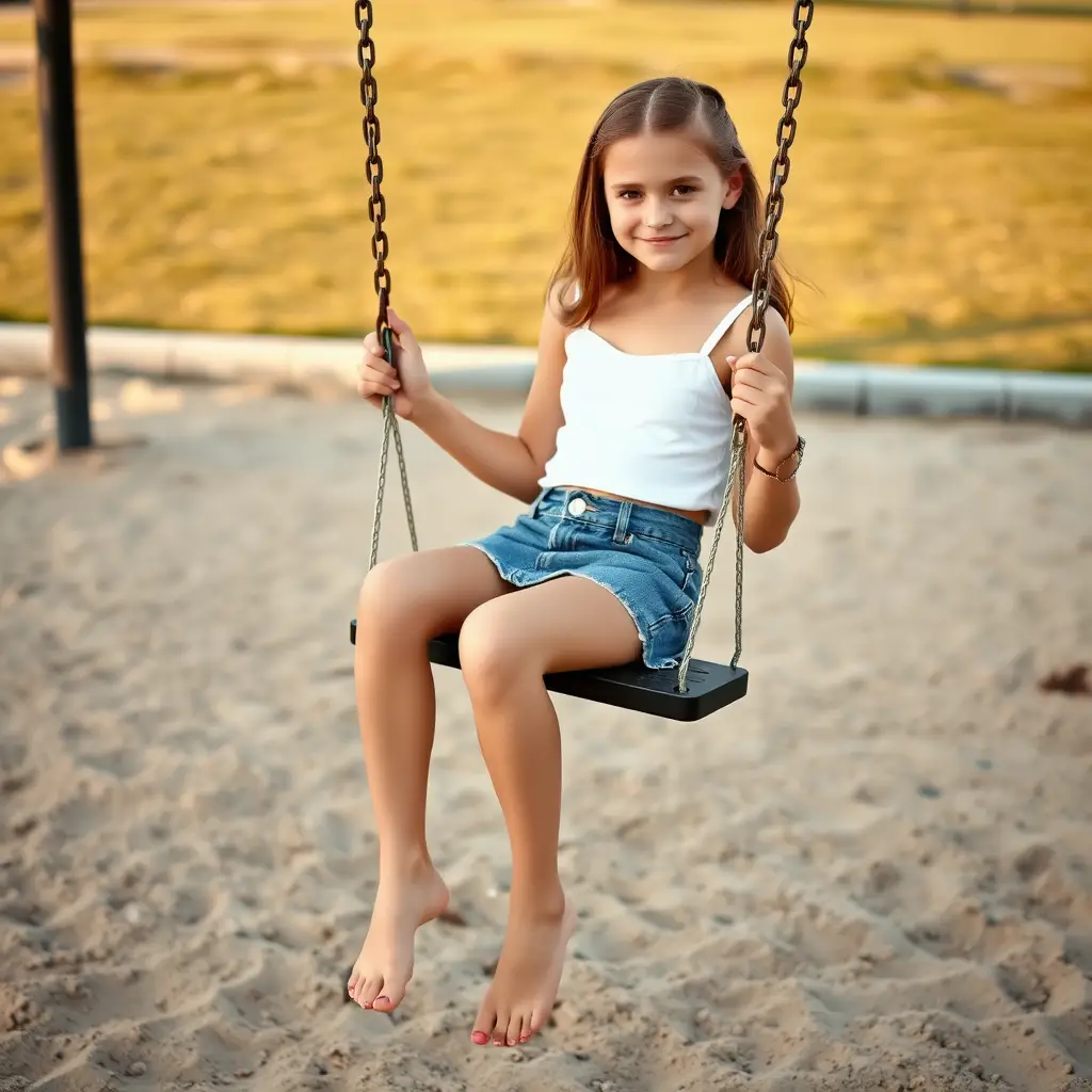 Barefoot girl sitting on a playground swing at sunset