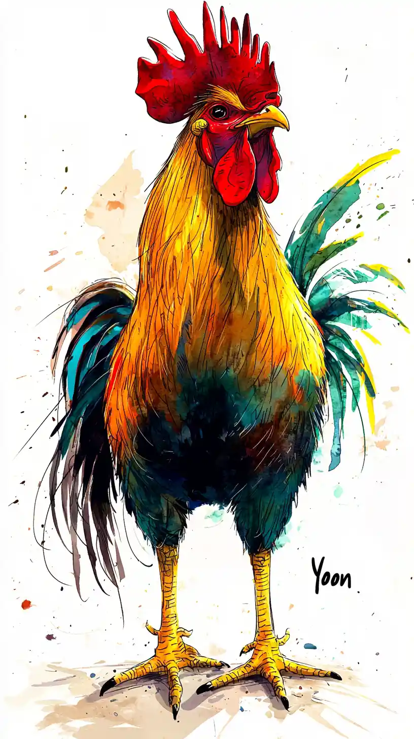 Gallo malinconico che cammina fiero in inchiostro e acquerello