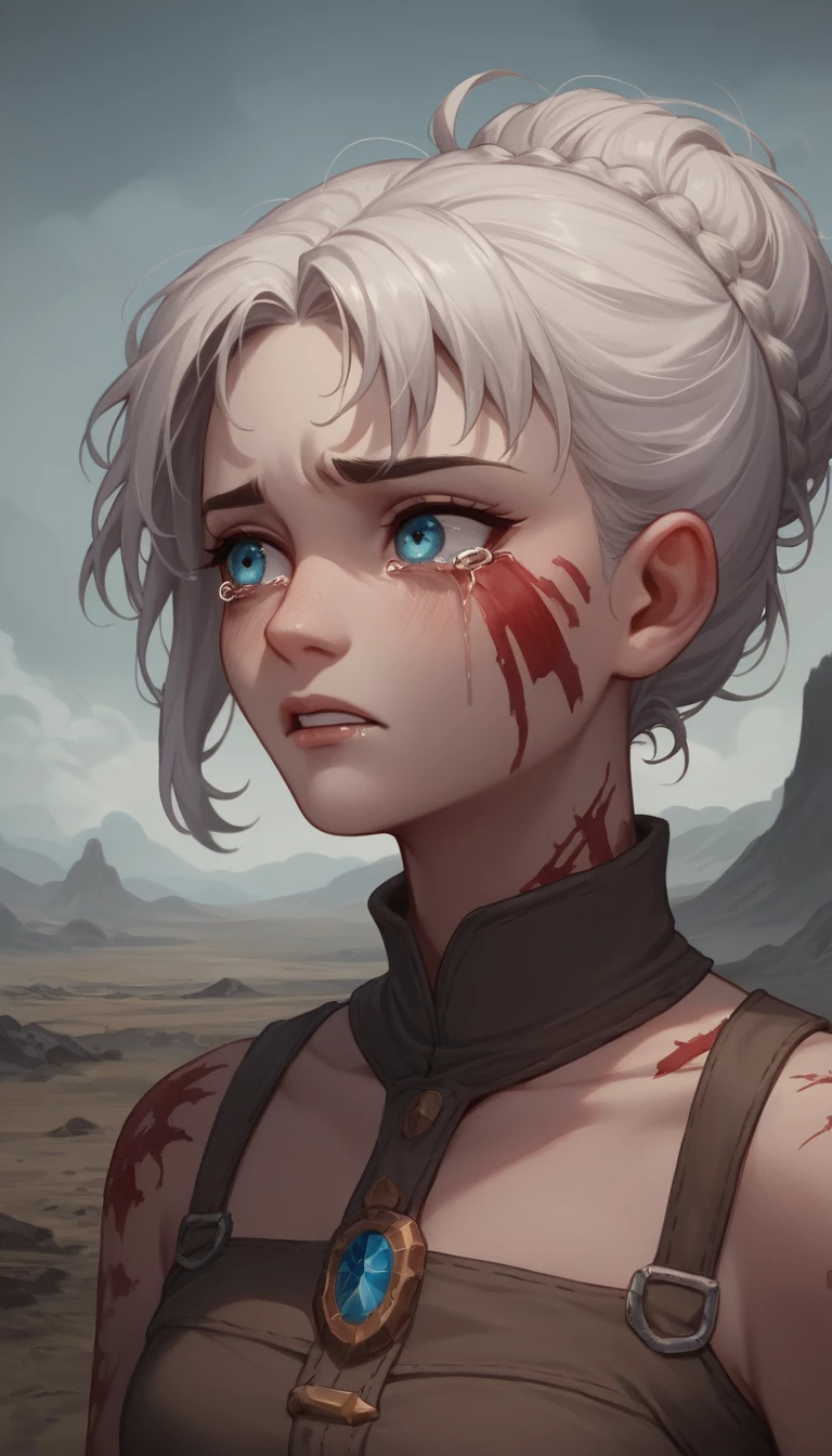 Crying girl standing alone on a barren sunset landscape