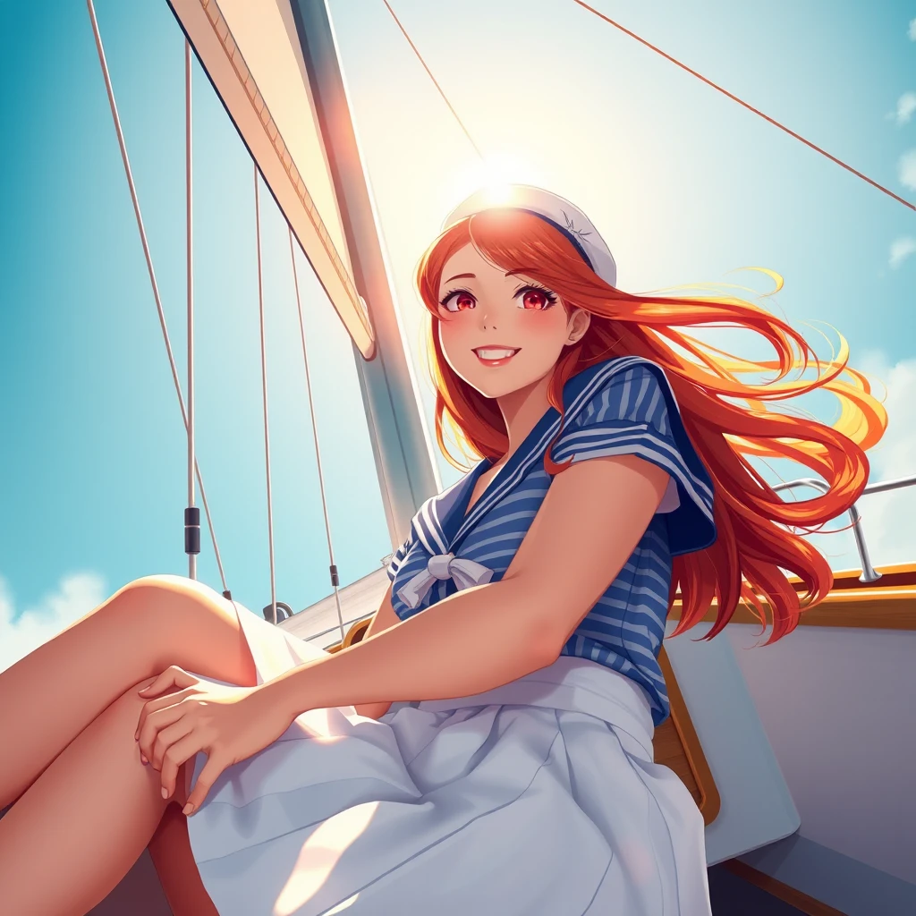 Smiling sailor anime girl in a boat under blue sky