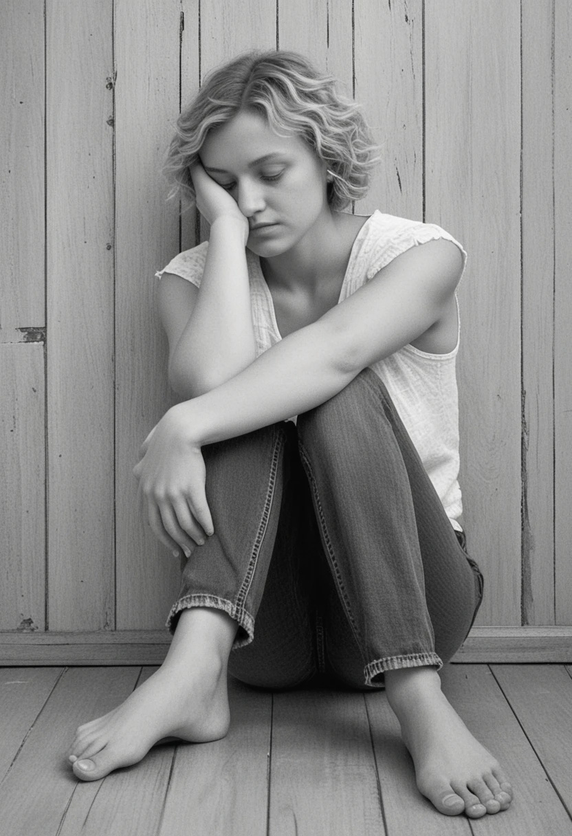 Black and white portrait of woman curled on wooden floor