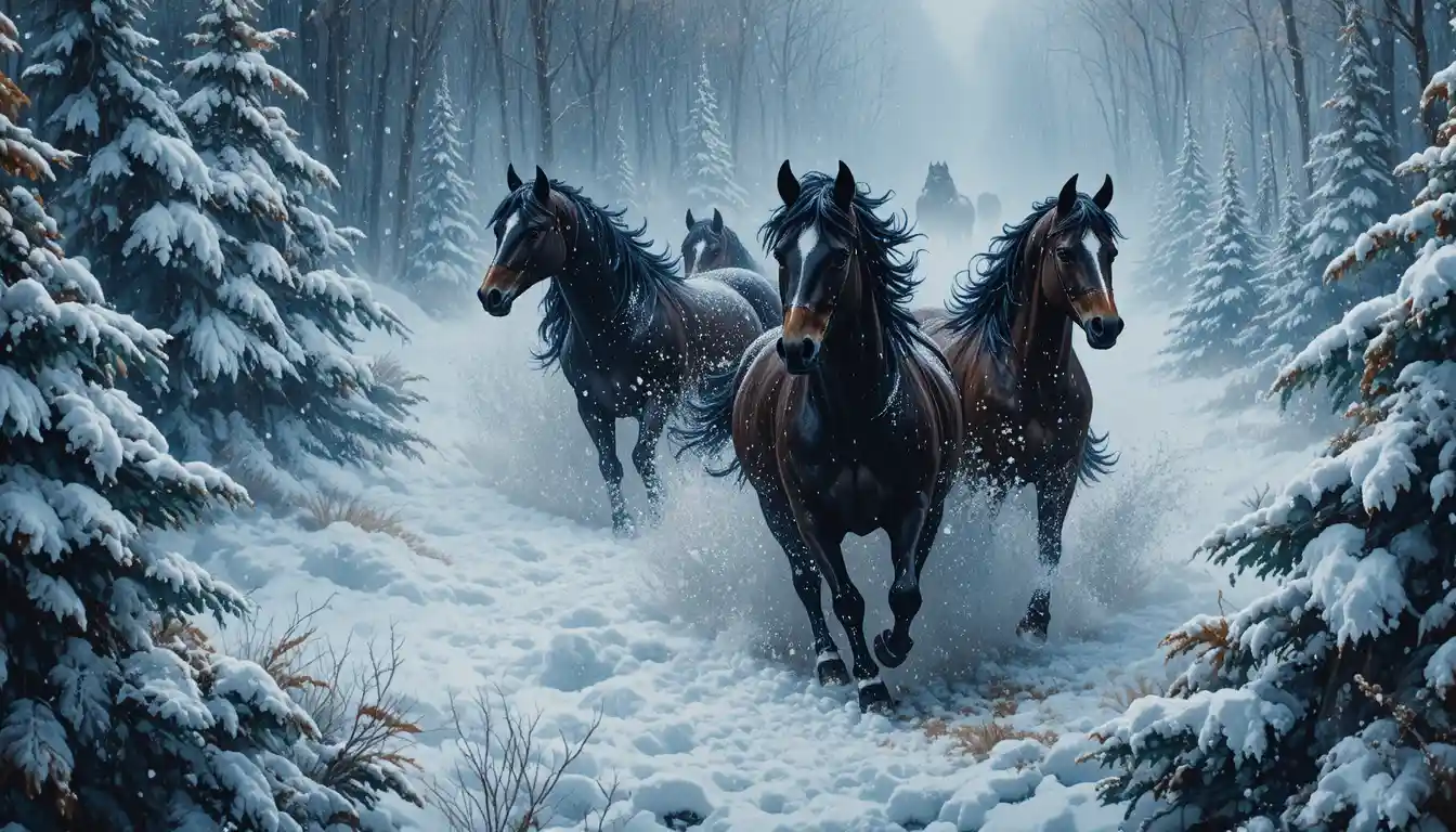 雪のネオンフォレストを駆ける馬たち 俯瞰ペインティング
