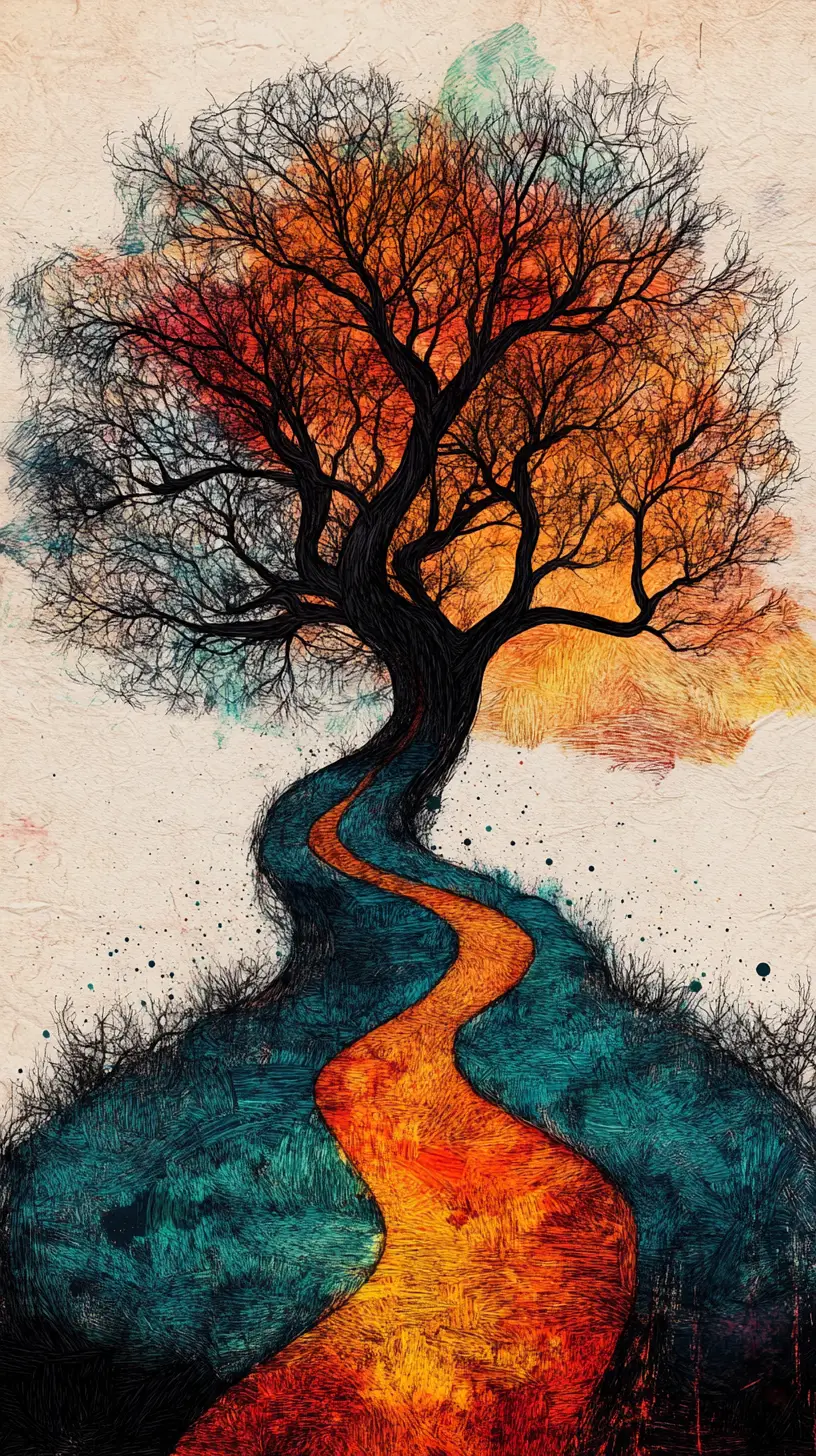 Abstract line art tree with winding path and lone figure