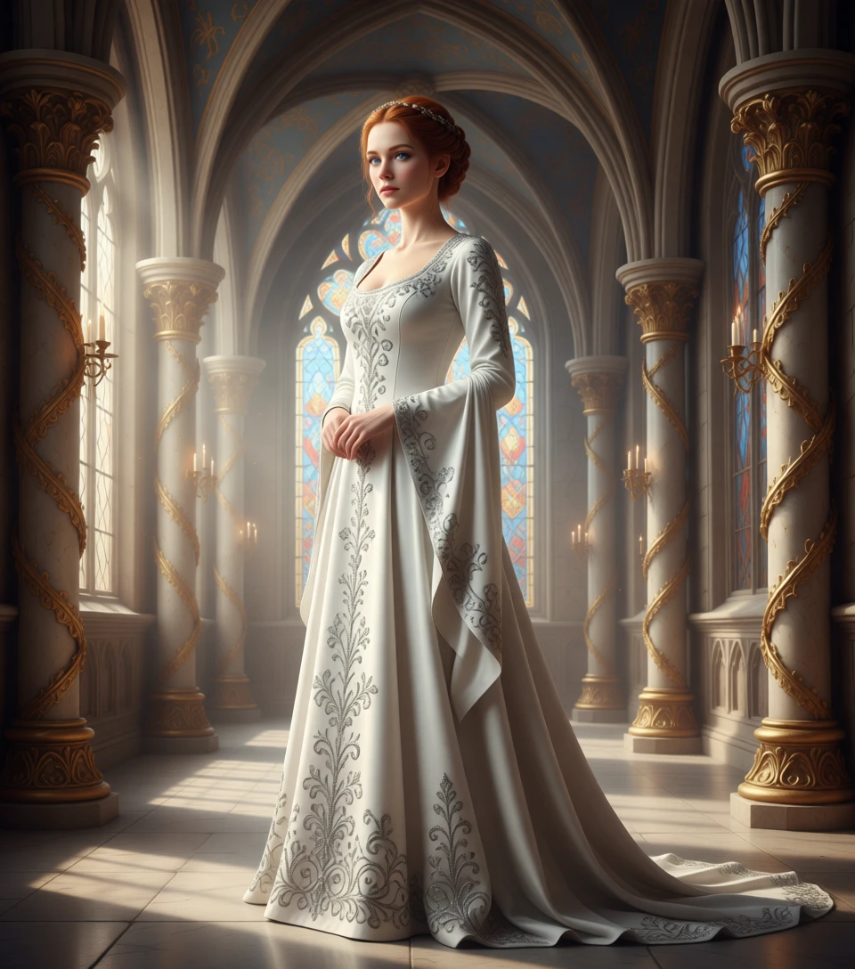 Elegant medieval lady in white velvet gown portrait