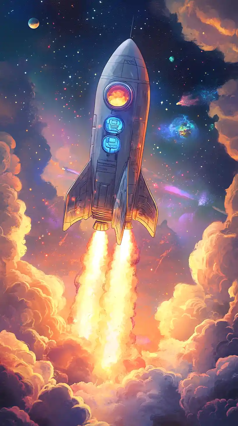 Whimsical fantasy landscape with a sleek silver rocket ship