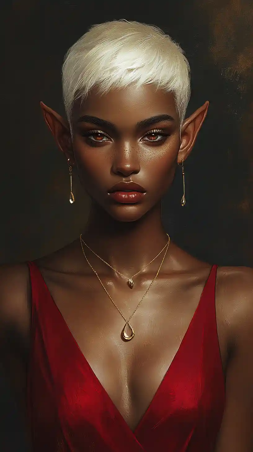 Retrato de elfa de piel ébano con vestido rojo