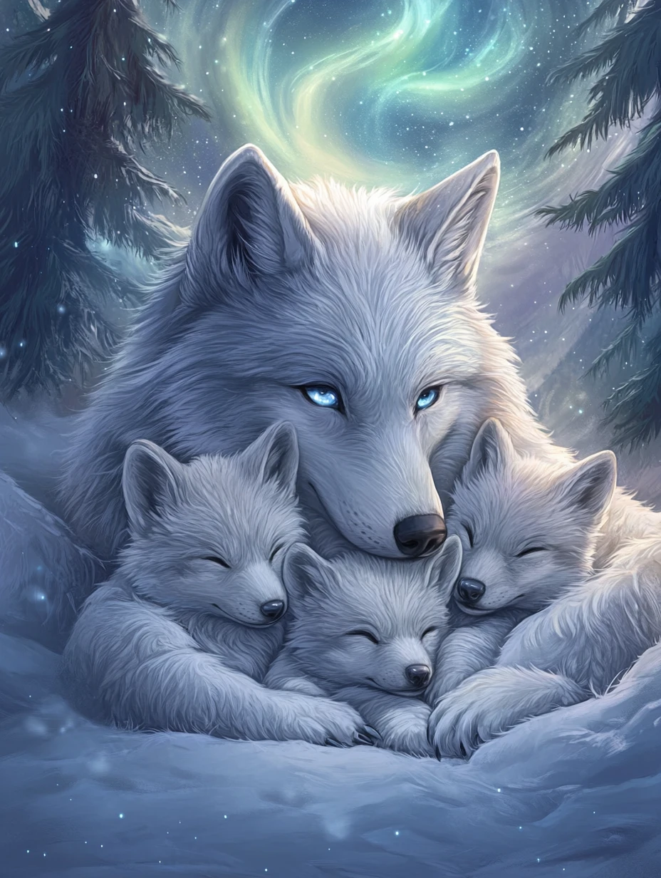 Adorable famille de loups kawaii enlacée dans une forêt lumineuse au clair de lune