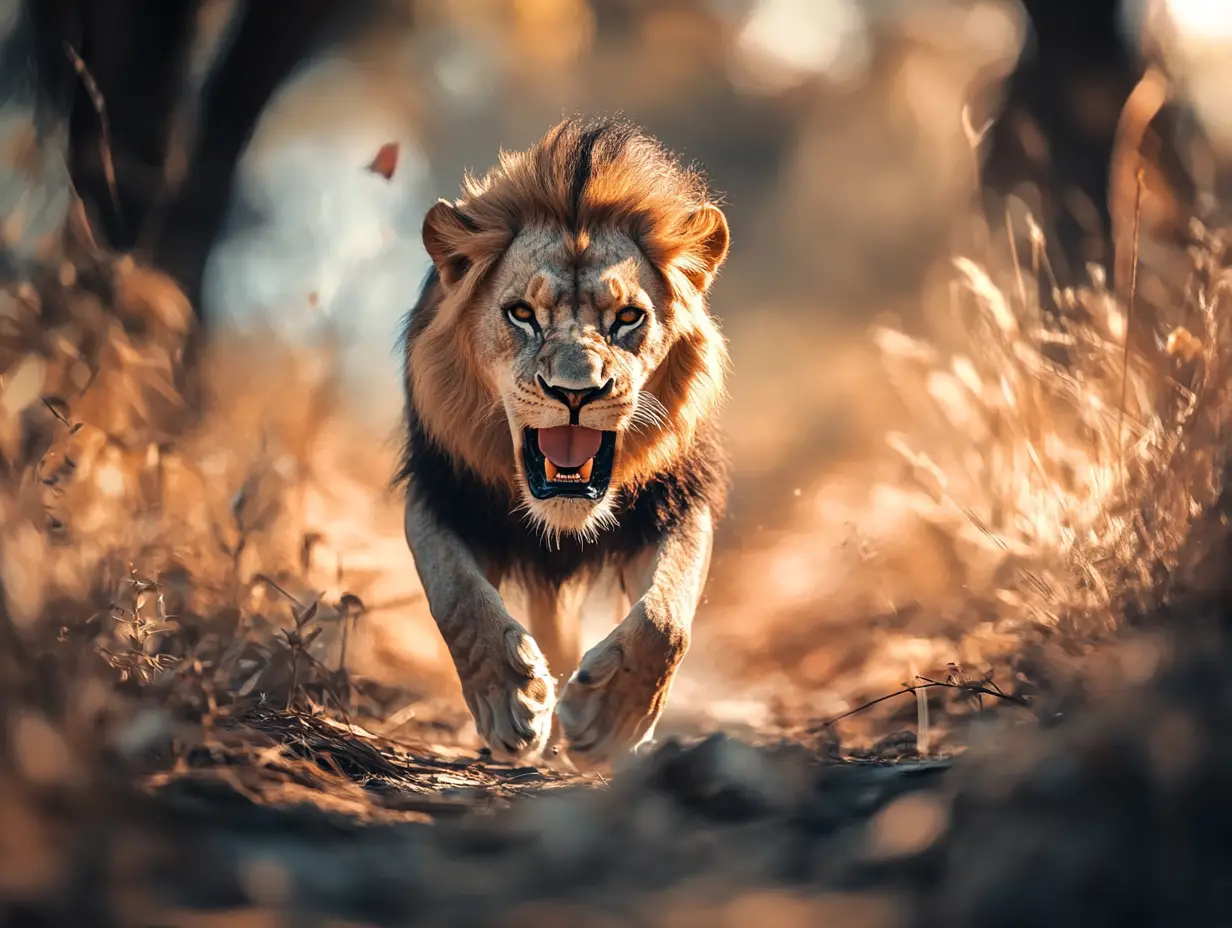Lion hunting with evil presence in detailed savanna scene