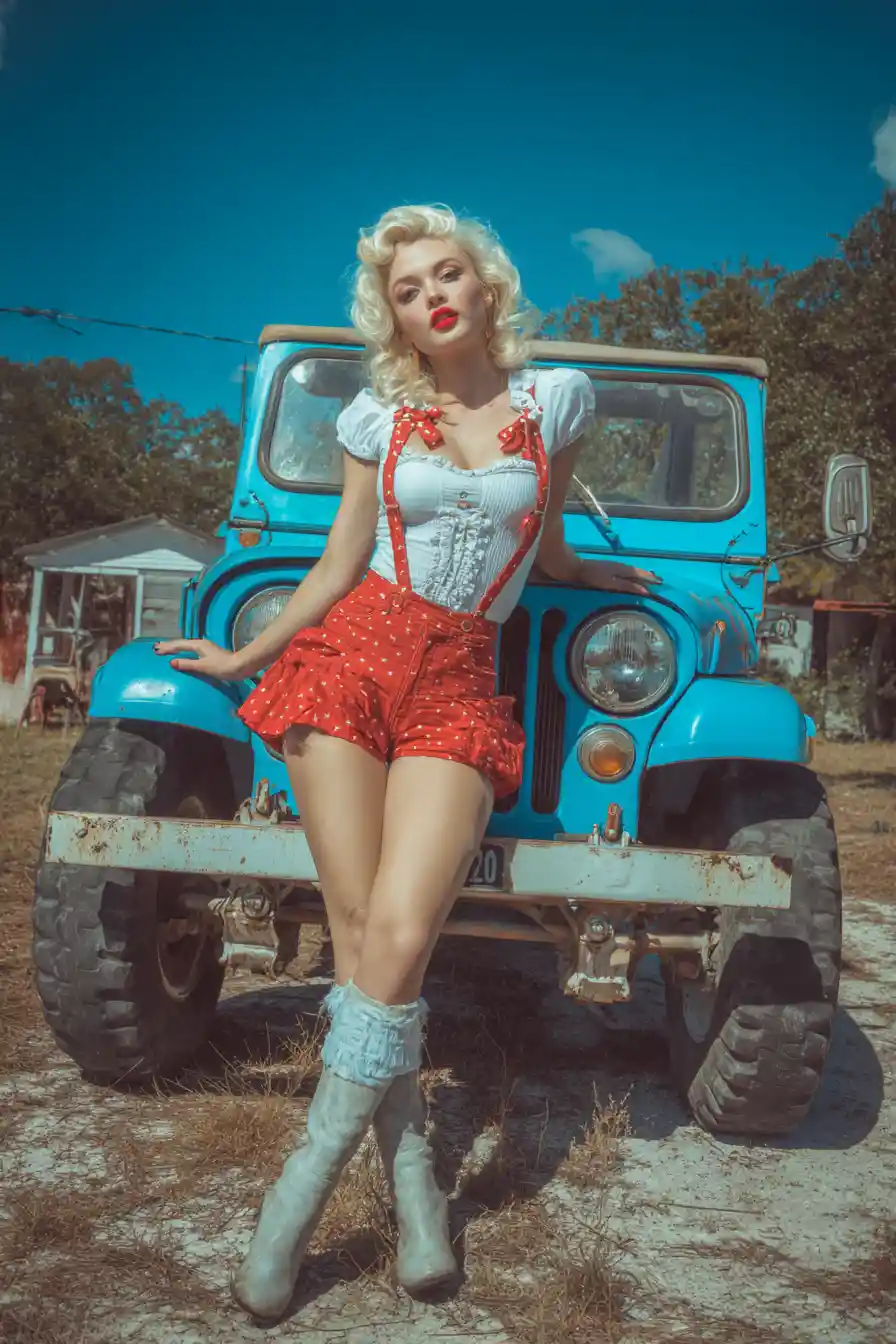 Blonde pin up woman posing by blue 90s jeep