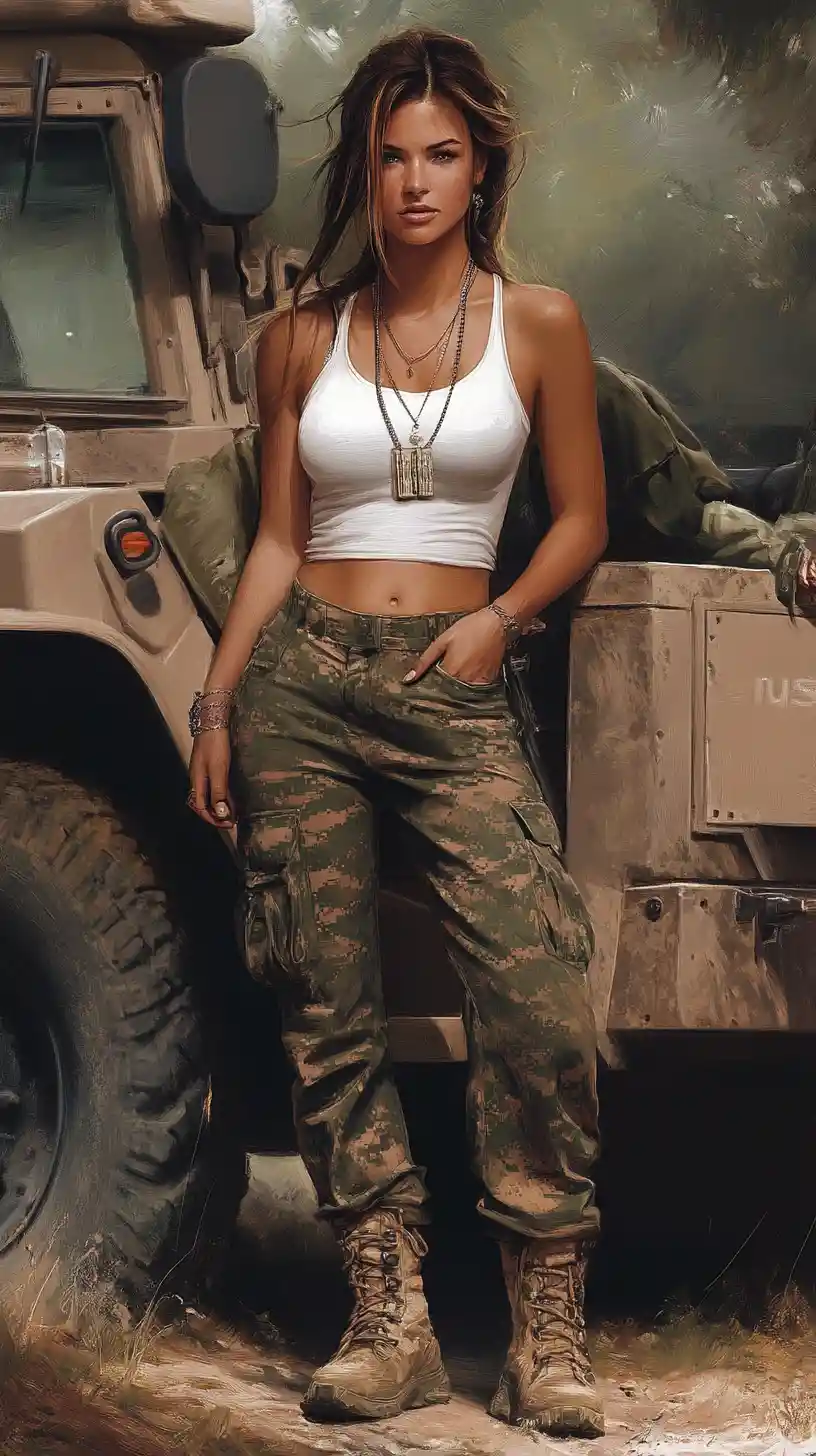 Off duty female soldier smiling beside a military vehicle
