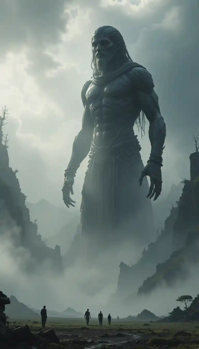 Gigantic ancient figure emerging from mist over humans