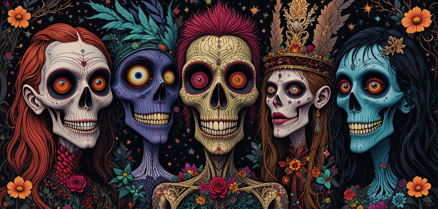Coloridos personajes de fantasía retro en un póster gráfico inquietante