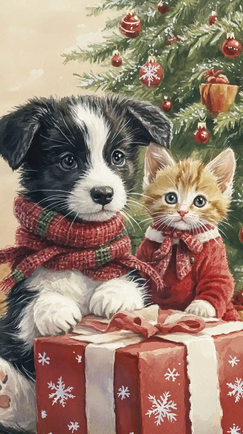 Cagnolino e gattino con regalo di Natale in illustrazione ad acquerello