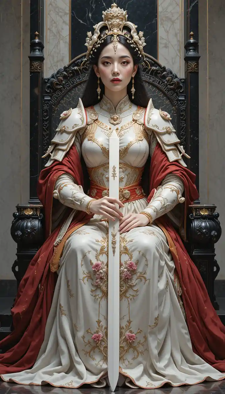 Emperatriz guerrera serena sentada en un trono de mármol negro